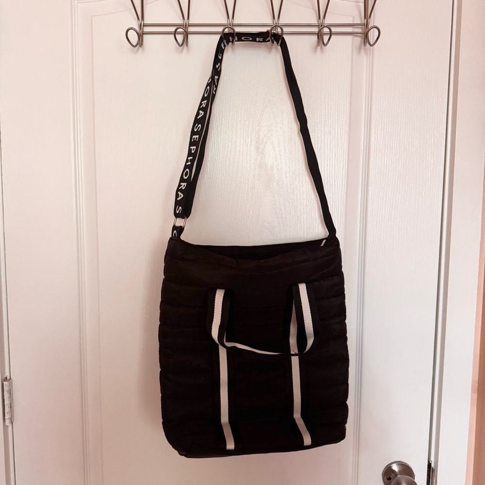 NWOT SEPHORA Black Quilted Tote Bag with White Straps
